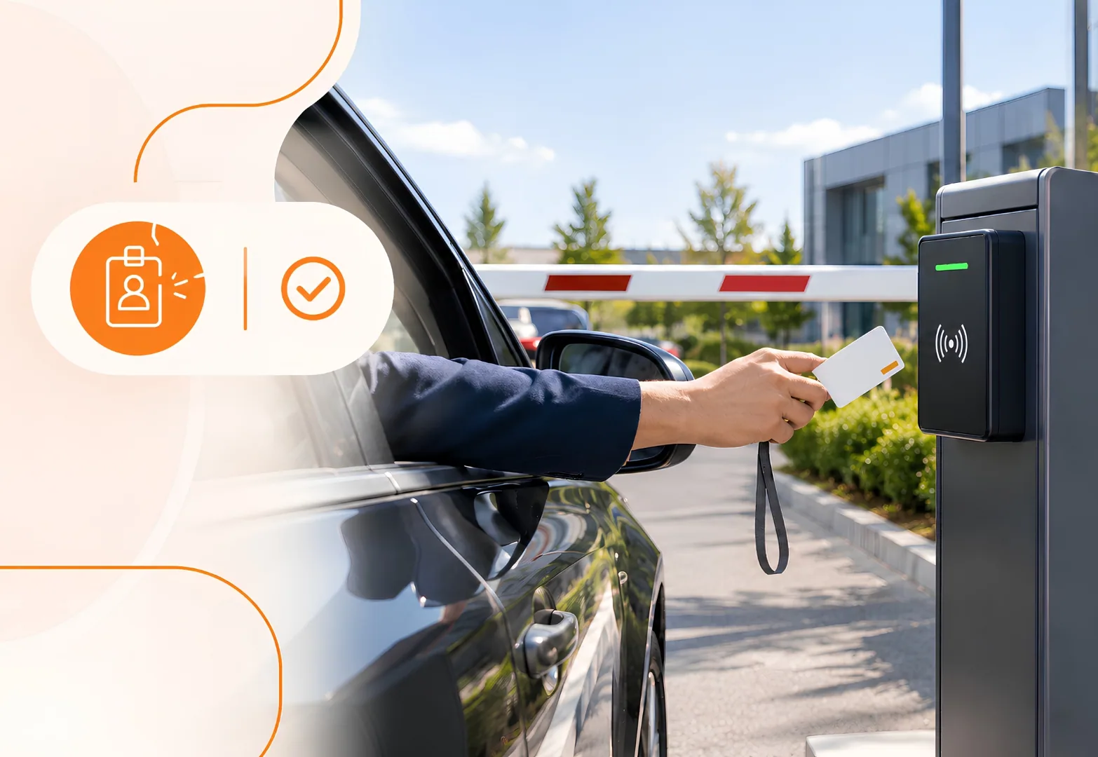 Driver presenting a badge at an access control terminal to enter a secure company car park
