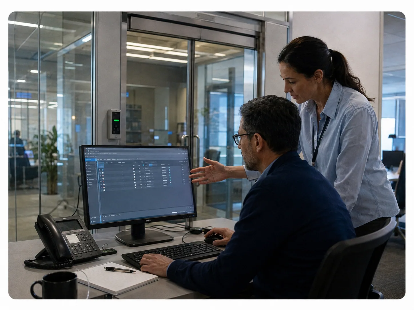 Staff using visitor management and access tracking software at the entrance to a secure building.