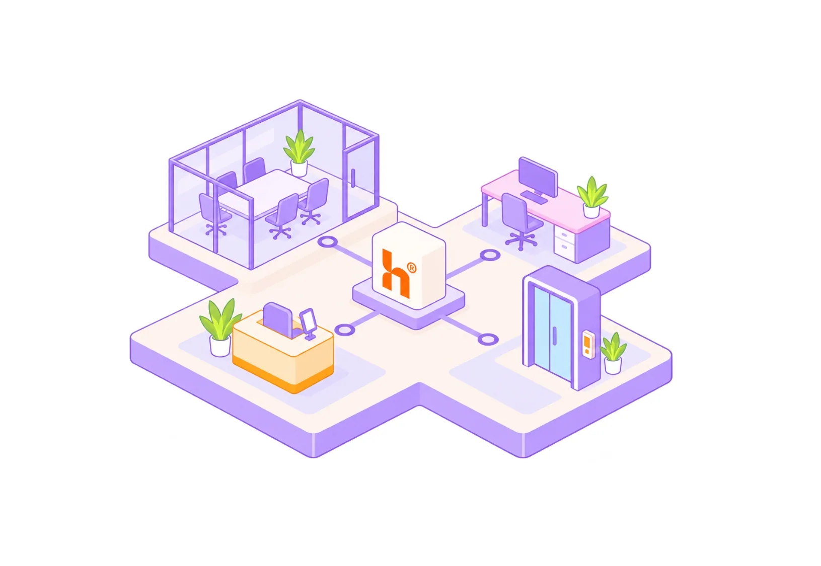 Illustration d’un environnement de travail connecté avec salles, bureaux, accueil et accès centralisés autour de Hamilton Apps