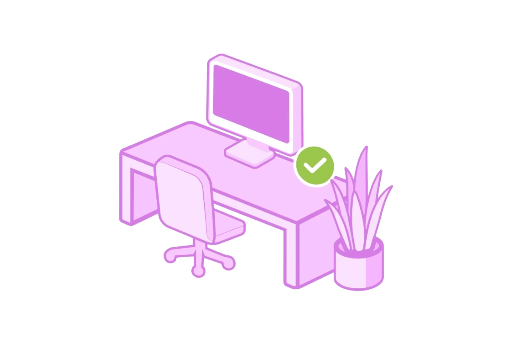 Illustration of a shared desk with a computer and a green tick showing that the desk is available to book.