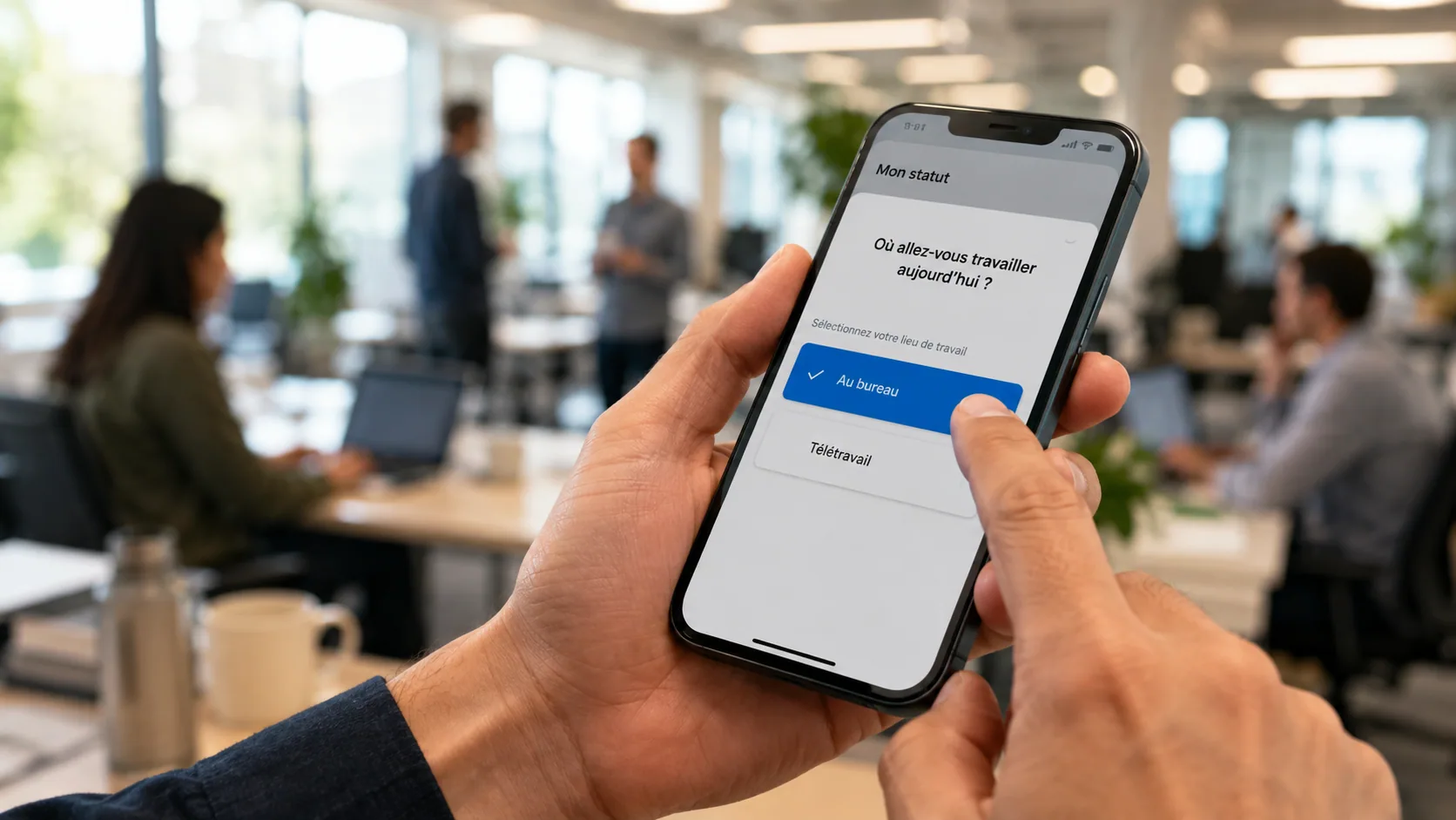 Employee declaring office attendance on a smartphone to organise their days between remote and on-site working.