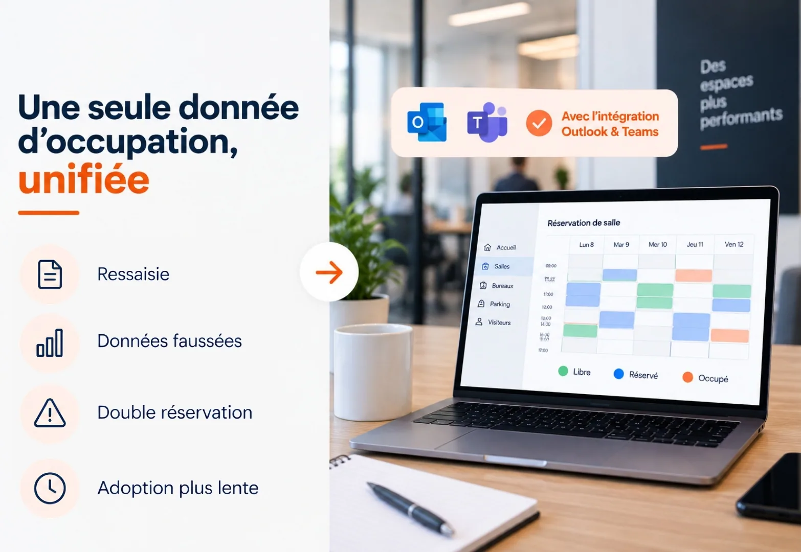 Illustration d'un logiciel de réservation de salles de réunion synchronisé avec Outlook et Teams pour centraliser les données d'occupation.