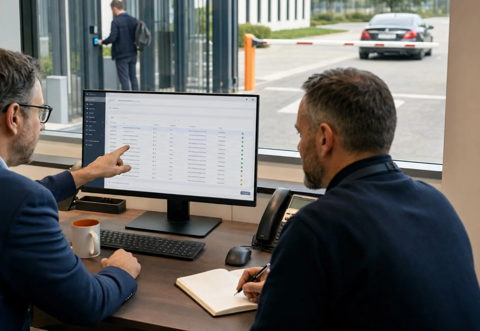 IT and security staff reviewing the digital register together, with access control and the car park barrier in the background
