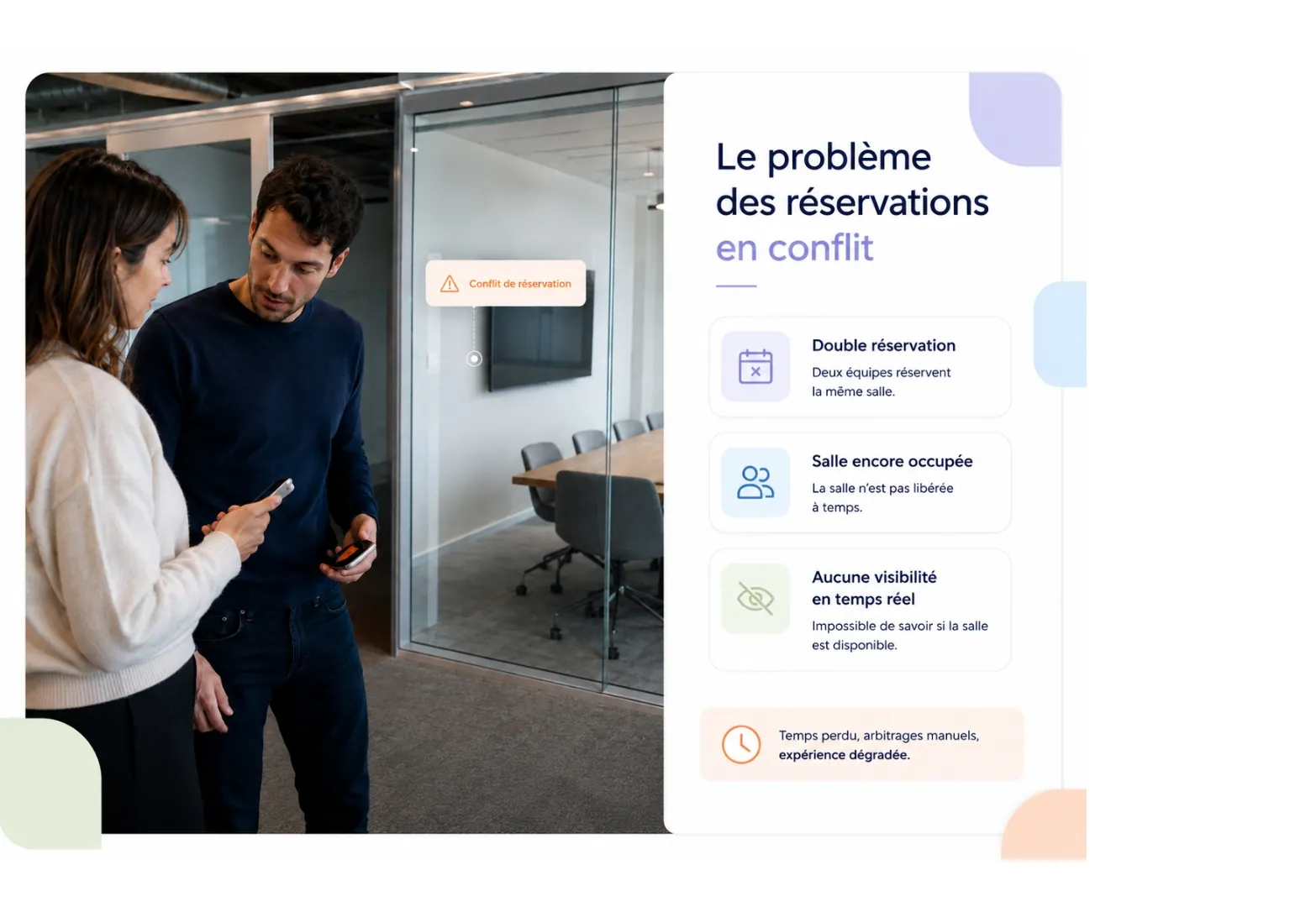 Two employees facing a booking conflict outside a meeting room