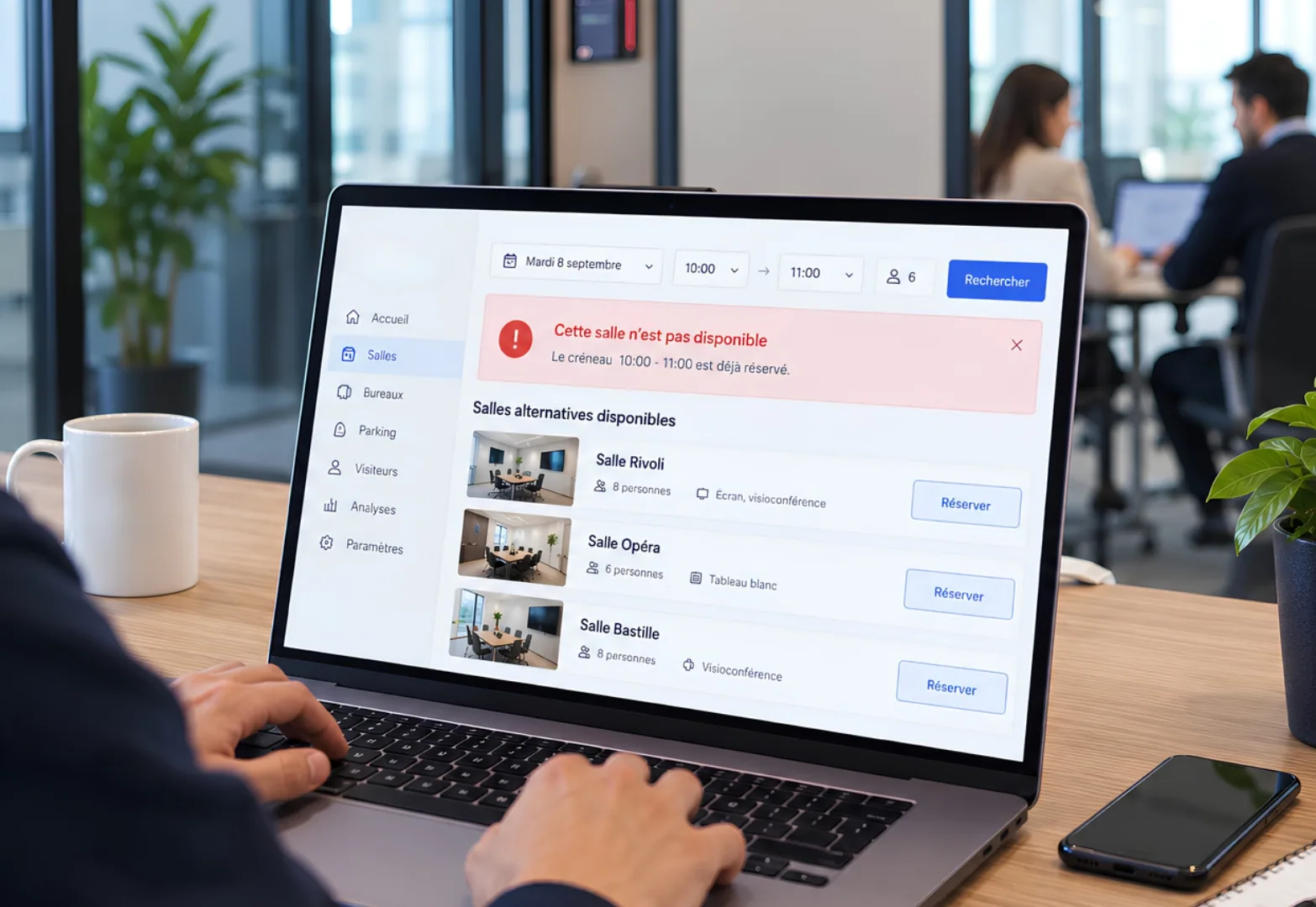 Booking interface showing a meeting room conflict and suggesting several available alternative rooms.