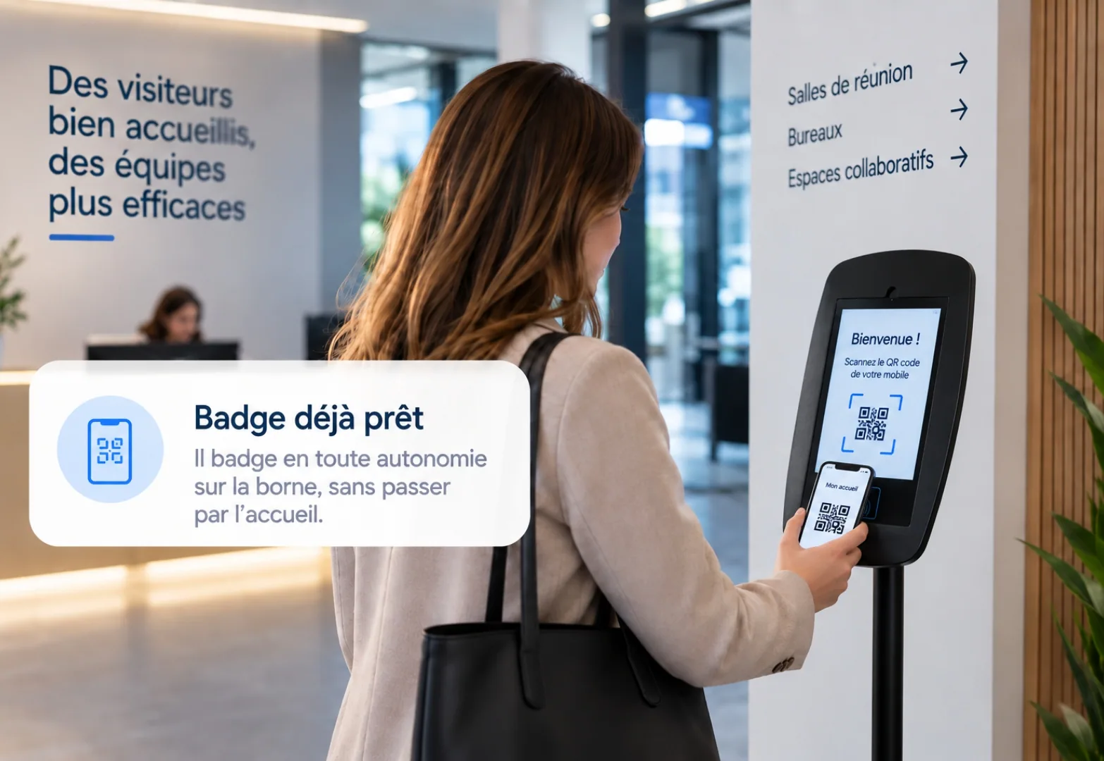 Person scanning a QR code at the kiosk to check in independently