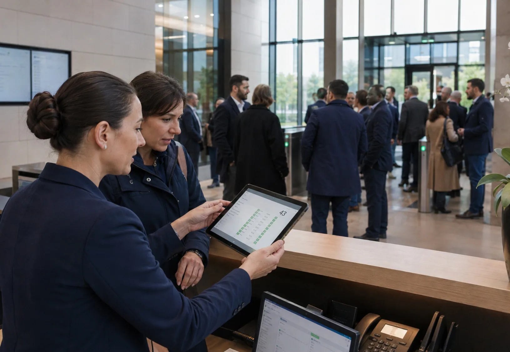 Reception hall with a receptionist checking the real-time headcount on her tablet.
