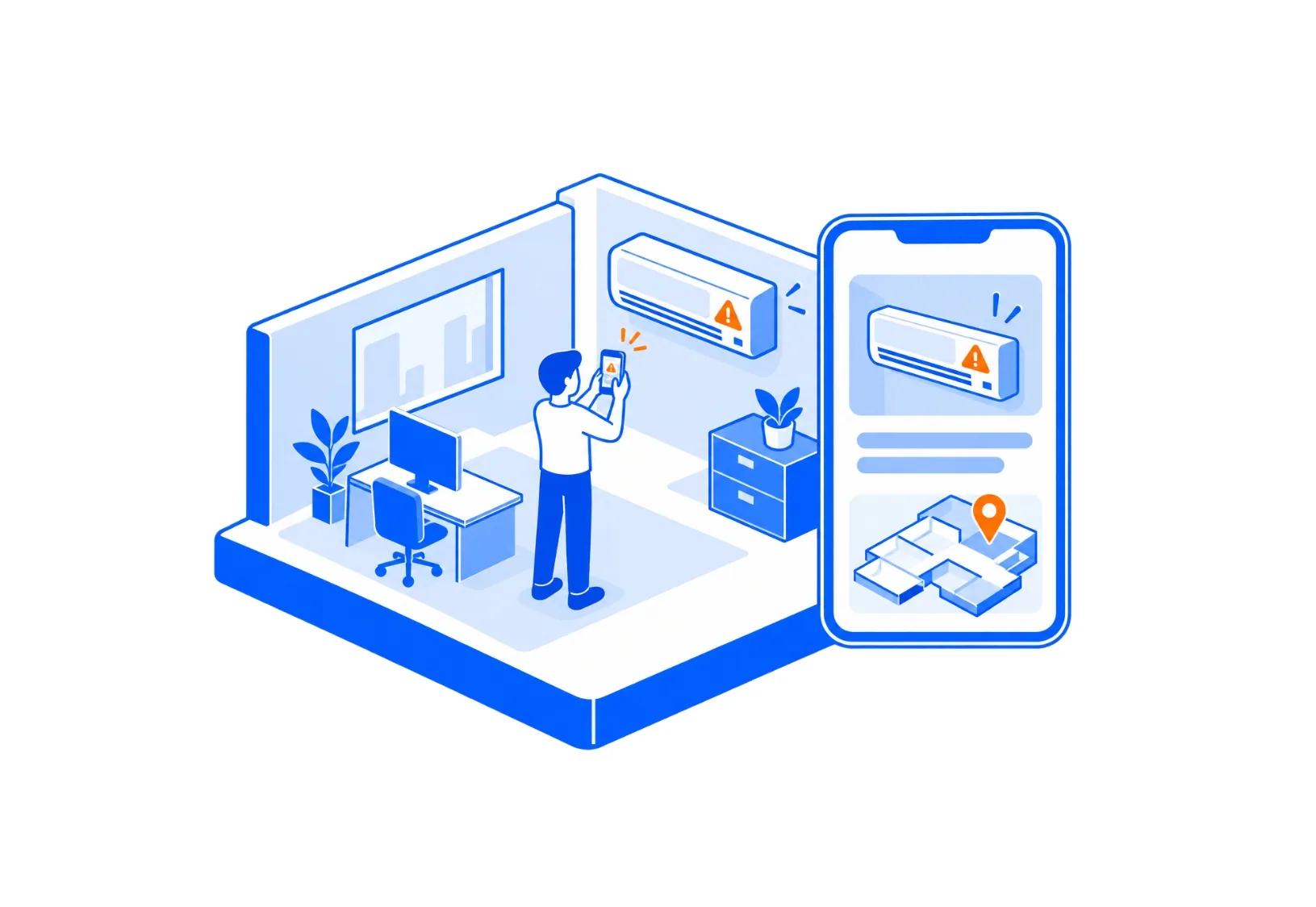 Illustration of an employee reporting an air conditioning fault from their smartphone