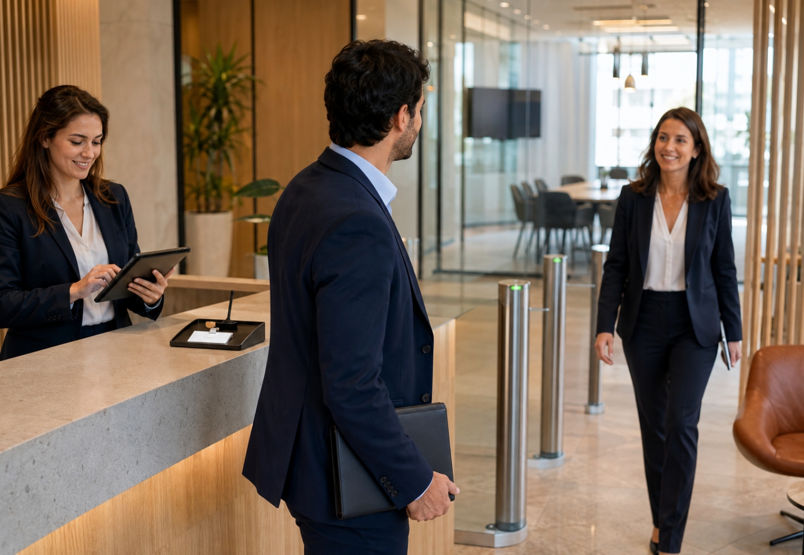 Visitor being welcomed at the building entrance