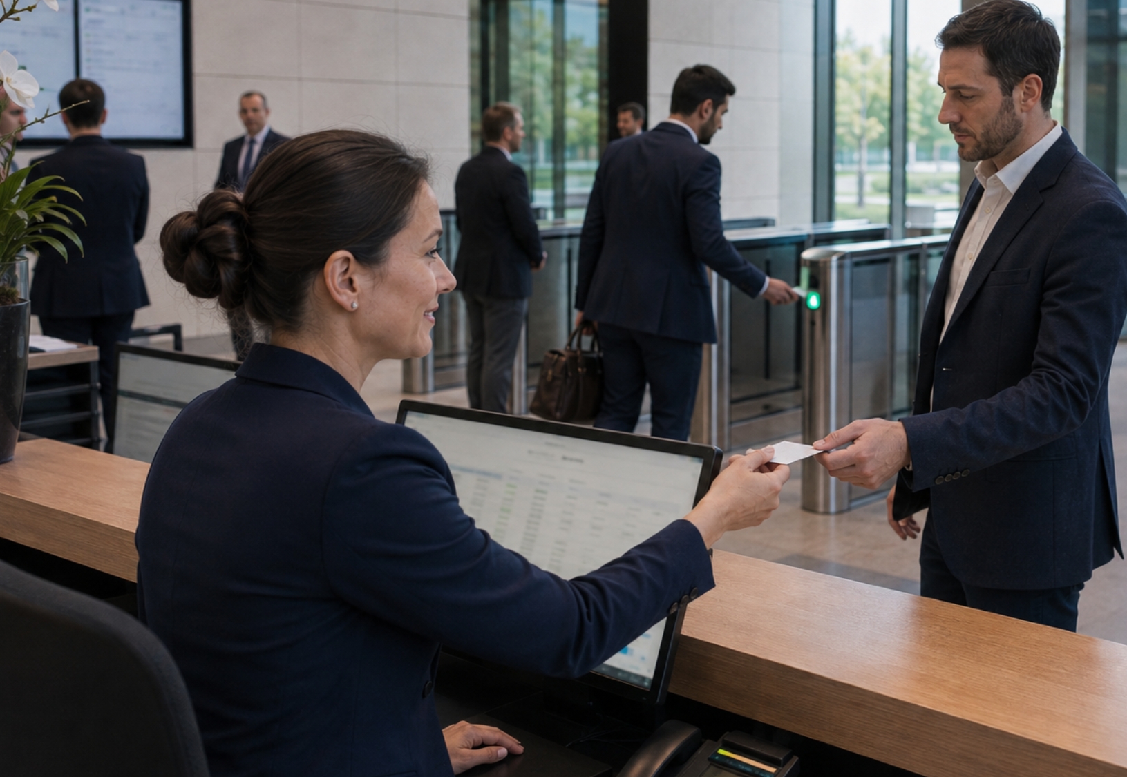 Visitor collecting a badge from a receptionist before entering the company's secure areas.
