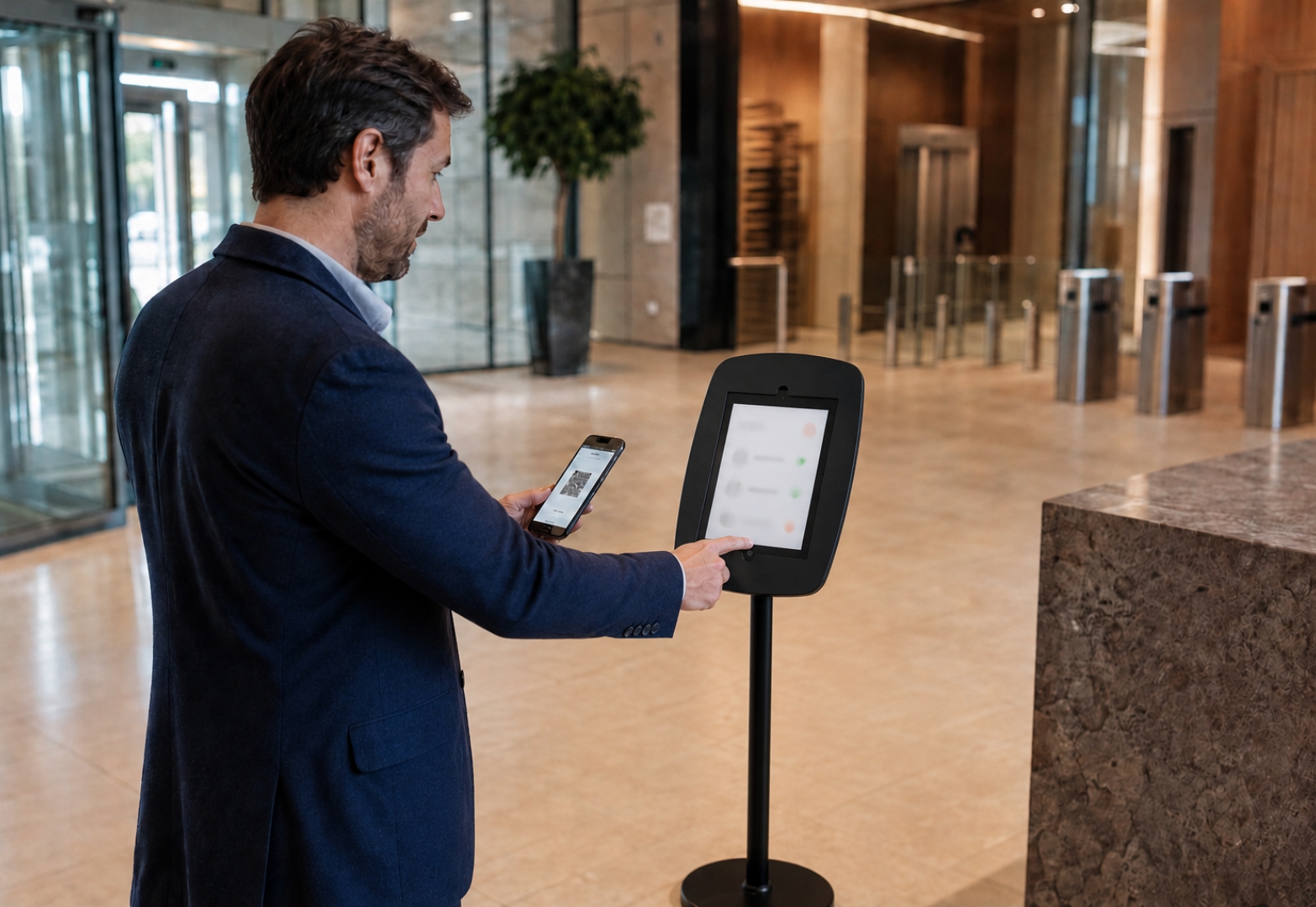 Visitor using a digital check-in kiosk to register on arrival.
