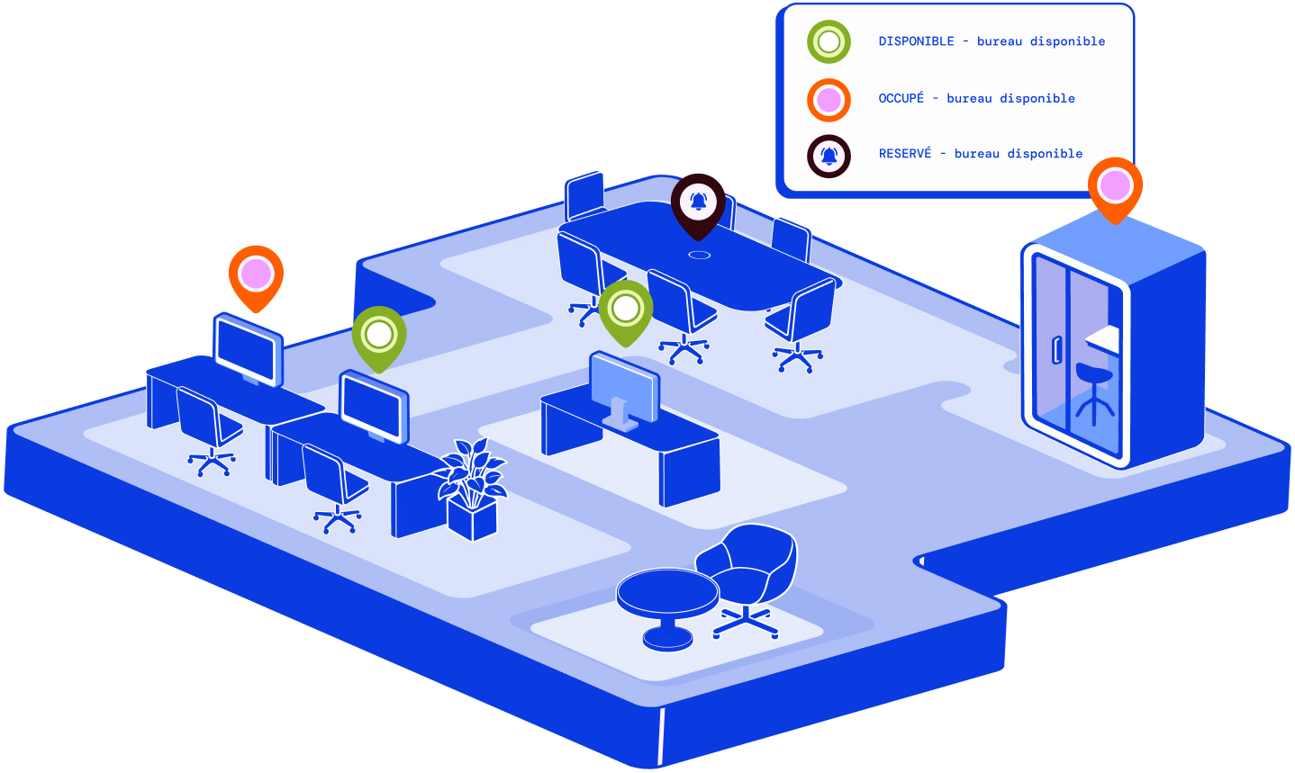 Illustration of an interactive flexible office floor plan showing available, occupied and booked workstations.