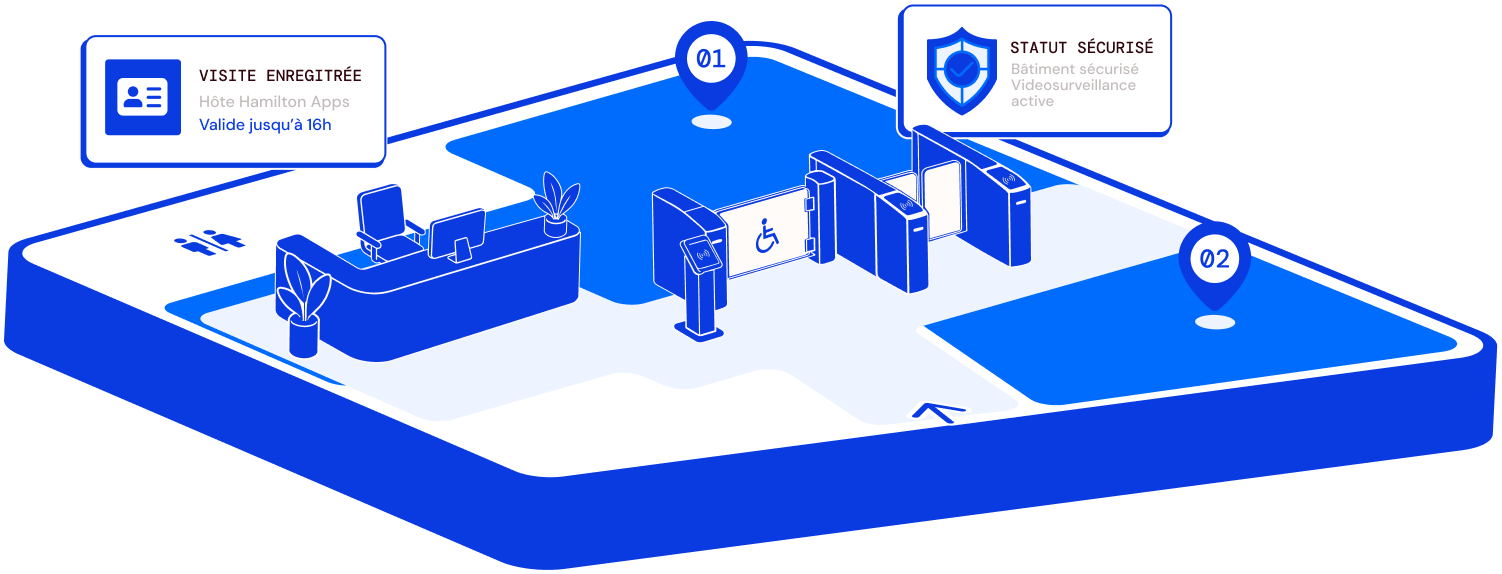 Illustration of a reception desk with a computer, representing visitor management in the workplace.