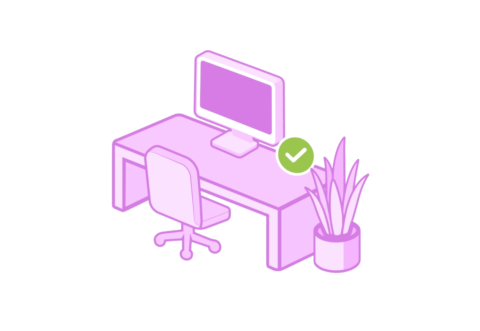 Illustration of a shared desk with a computer and a green tick showing that the desk is available to book.