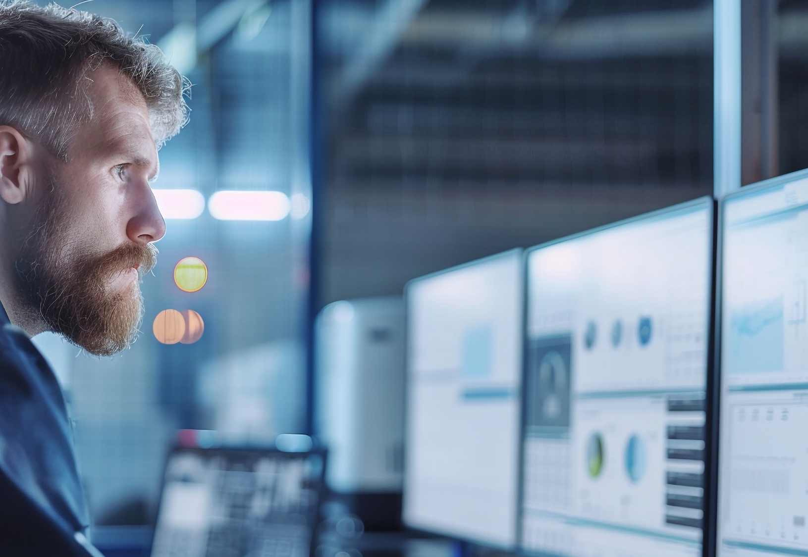Security manager analysing incidents and alerts on several control screens