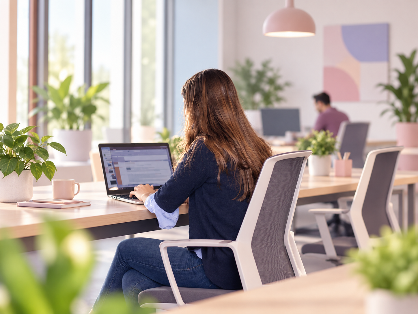 Employee working on her laptop in a modern open-plan office with shared desks