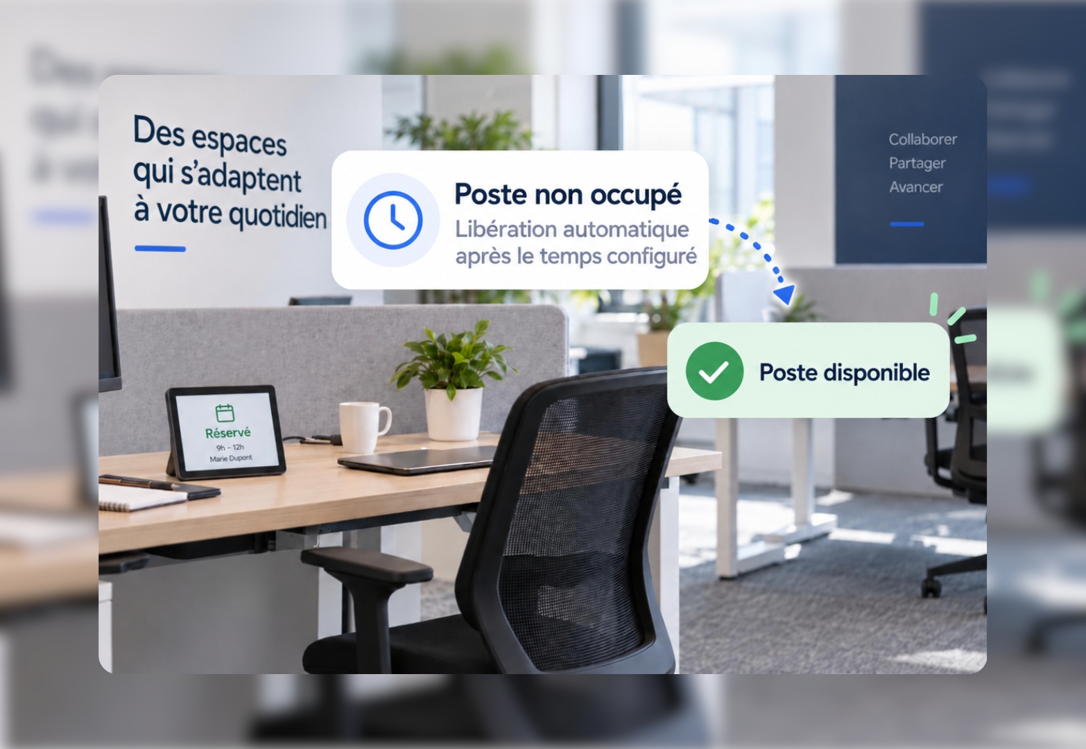 Booked but unoccupied workstation, illustrating its automatic release so it can be booked again in a flexible office.