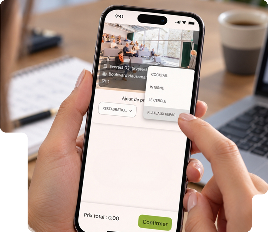 Employee selecting a catering service in the meeting room booking mobile app