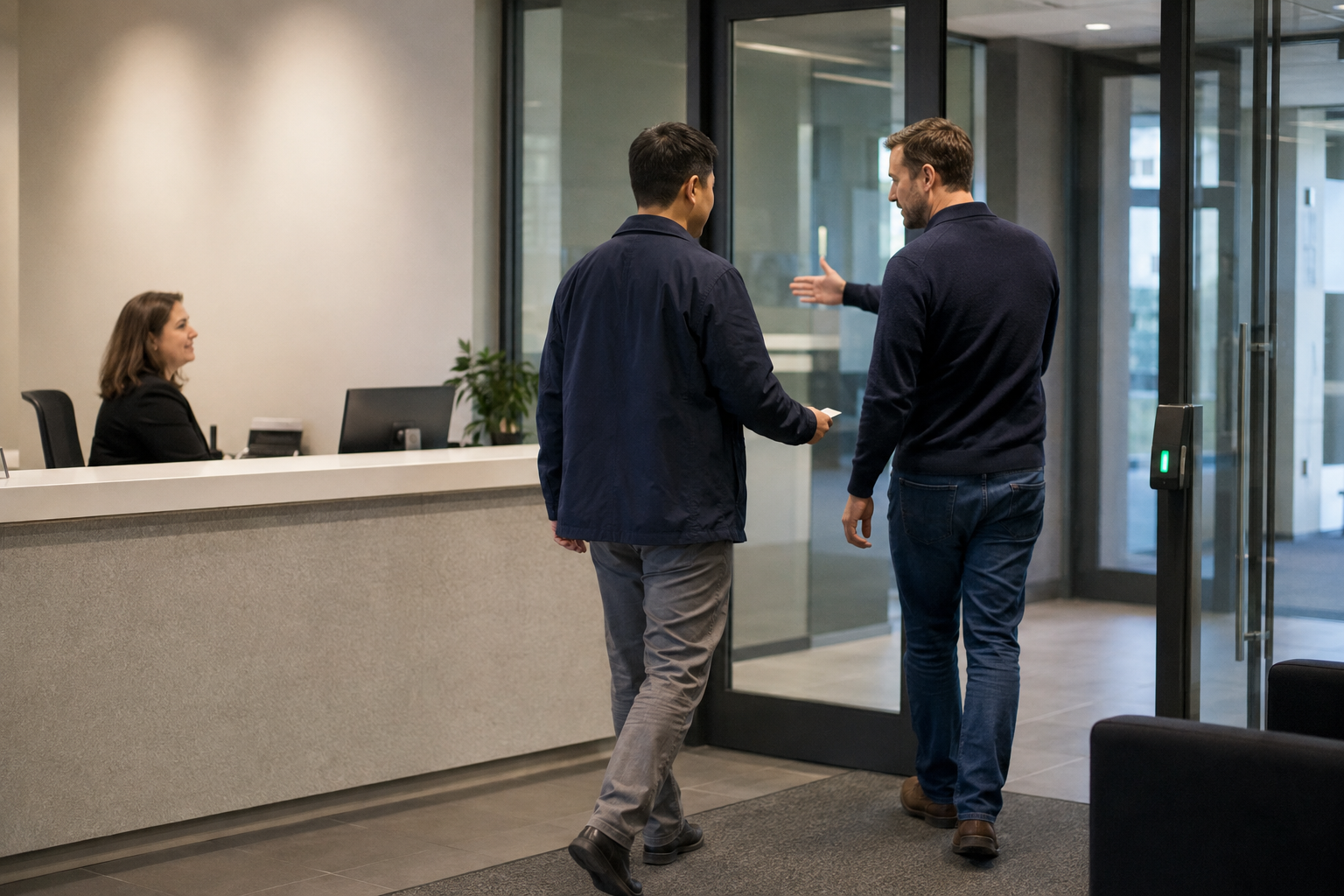Visitor escorted by an employee to a secure access area after checking in at reception
